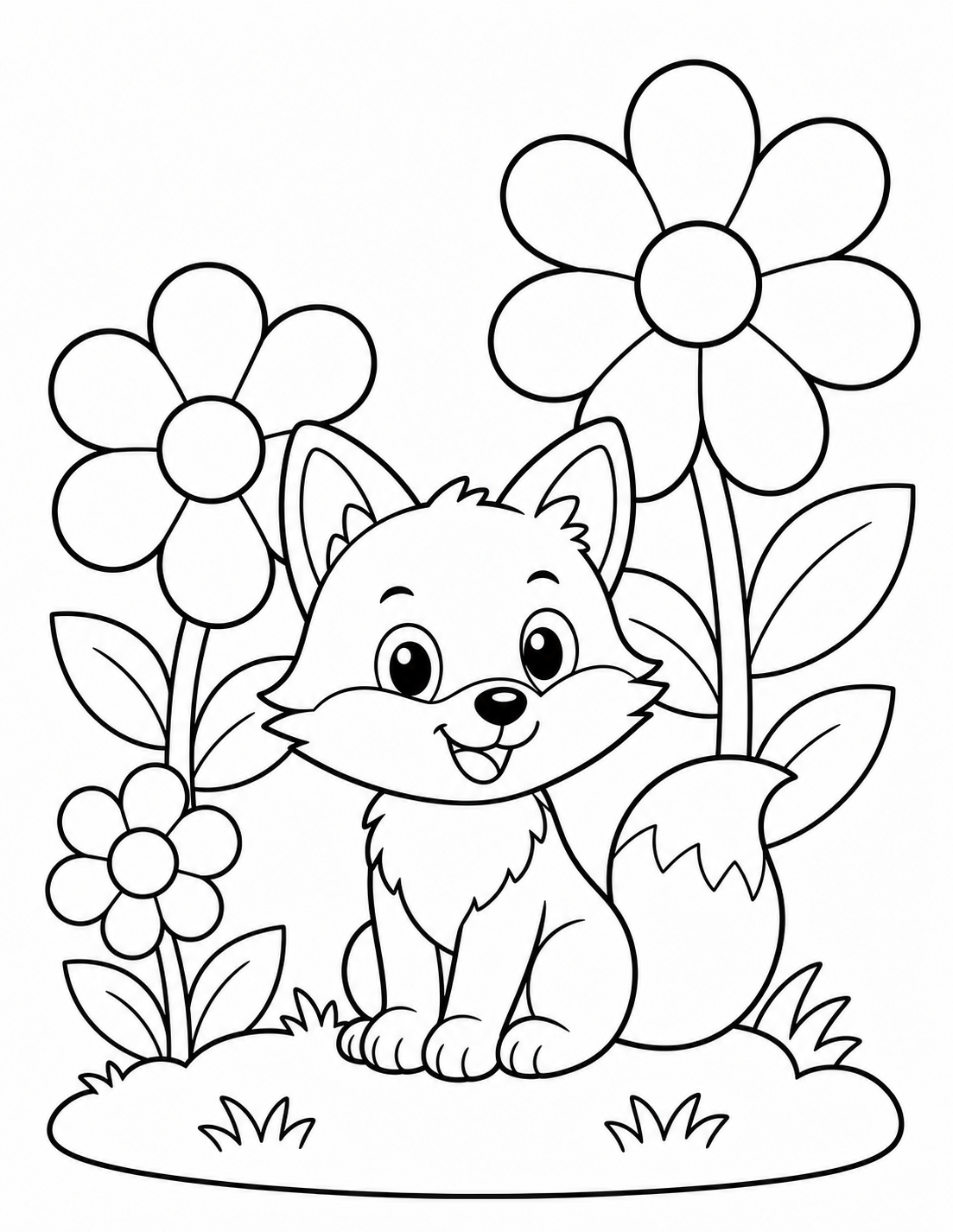 Toddler Fox and Big Flowers Coloring Page printable coloring page preview
