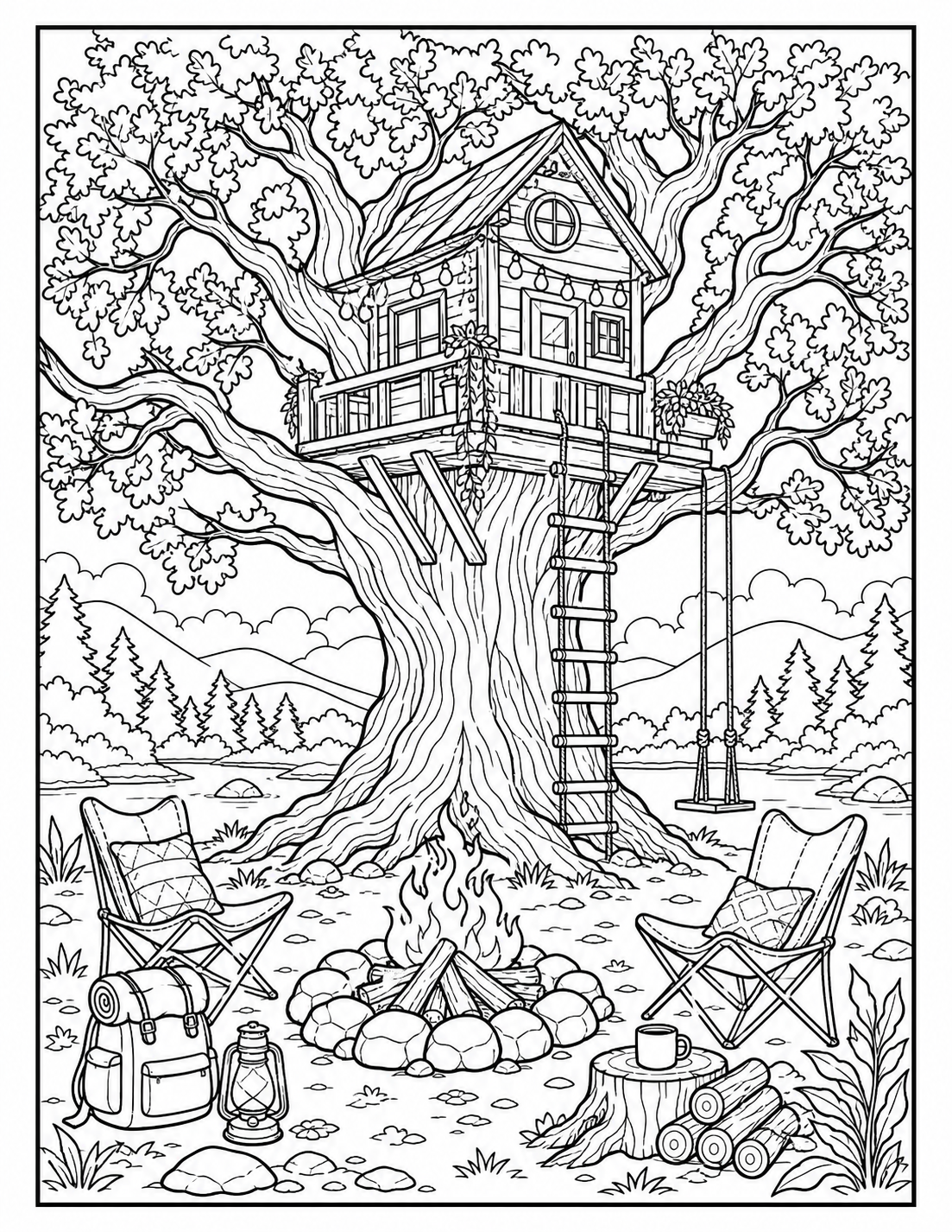 Detailed Treehouse and Campsite Coloring Page printable coloring page preview