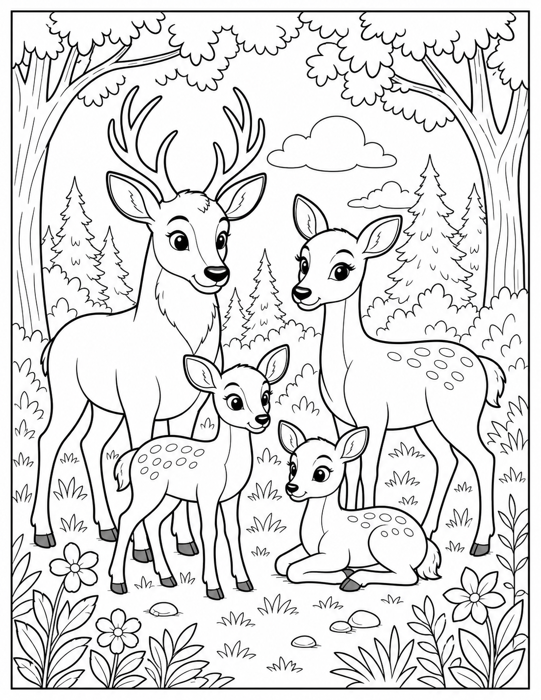 Woodland Scene with Deer Family and Pine Trees printable coloring page preview