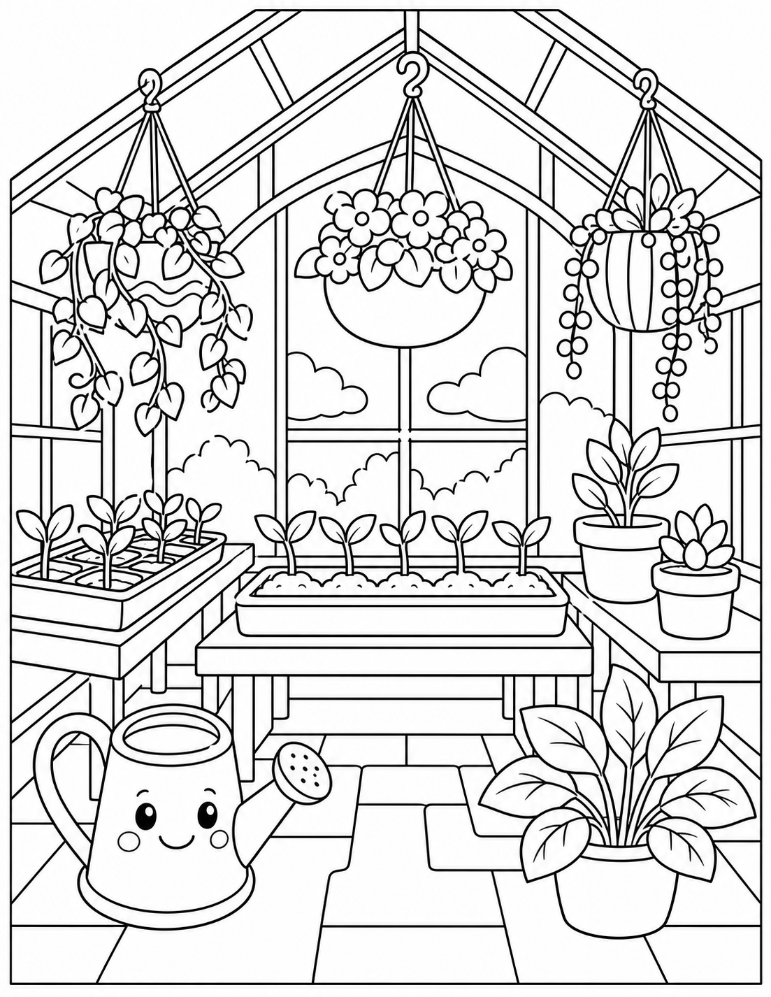 Inside the Greenhouse: Seedlings and Planters Coloring Page printable coloring page preview