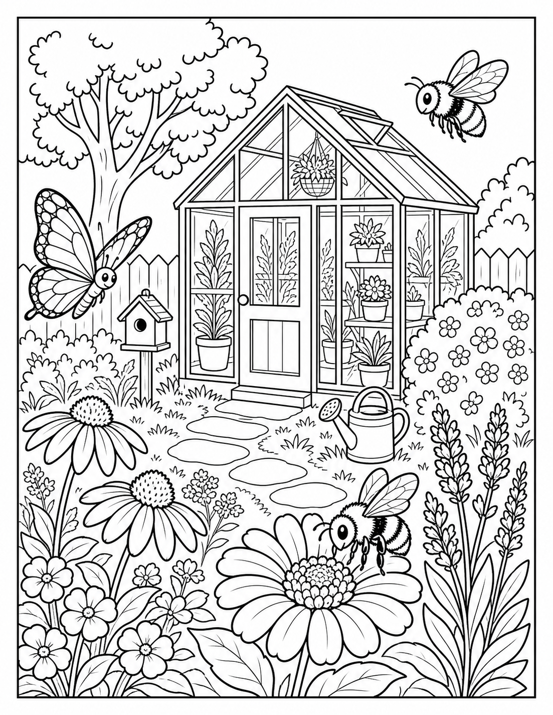 Backyard Garden with Greenhouse Coloring Page printable coloring page preview