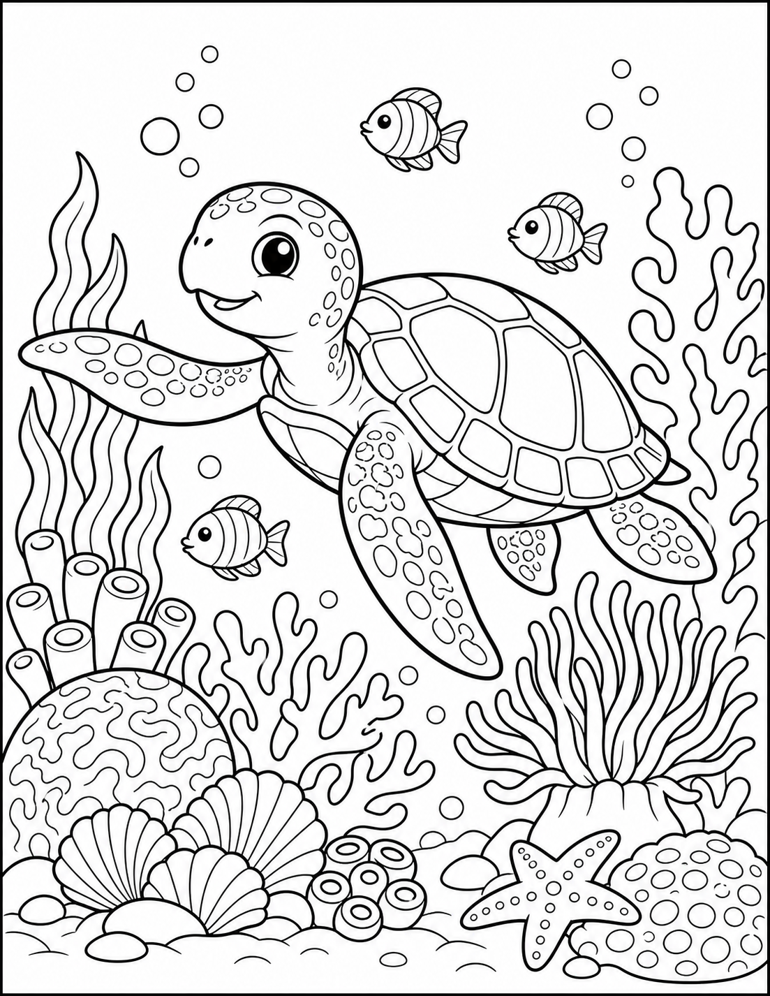 Sea Turtle and Coral Garden Coloring Page printable coloring page preview