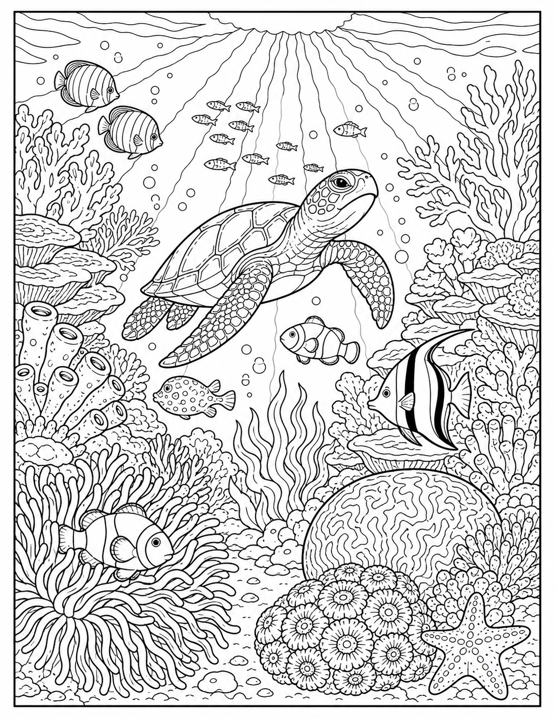 Intricate Coral Reef with Sunbeams Coloring Page printable coloring page preview