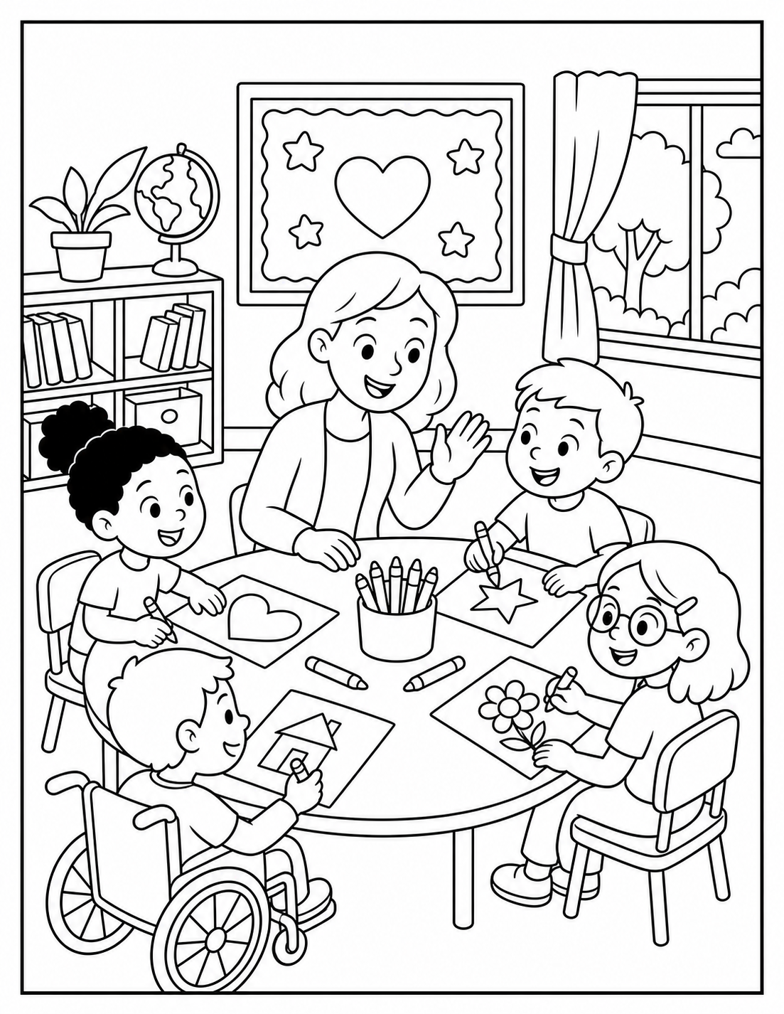 Inclusive Classroom Scene Coloring Page printable coloring page preview