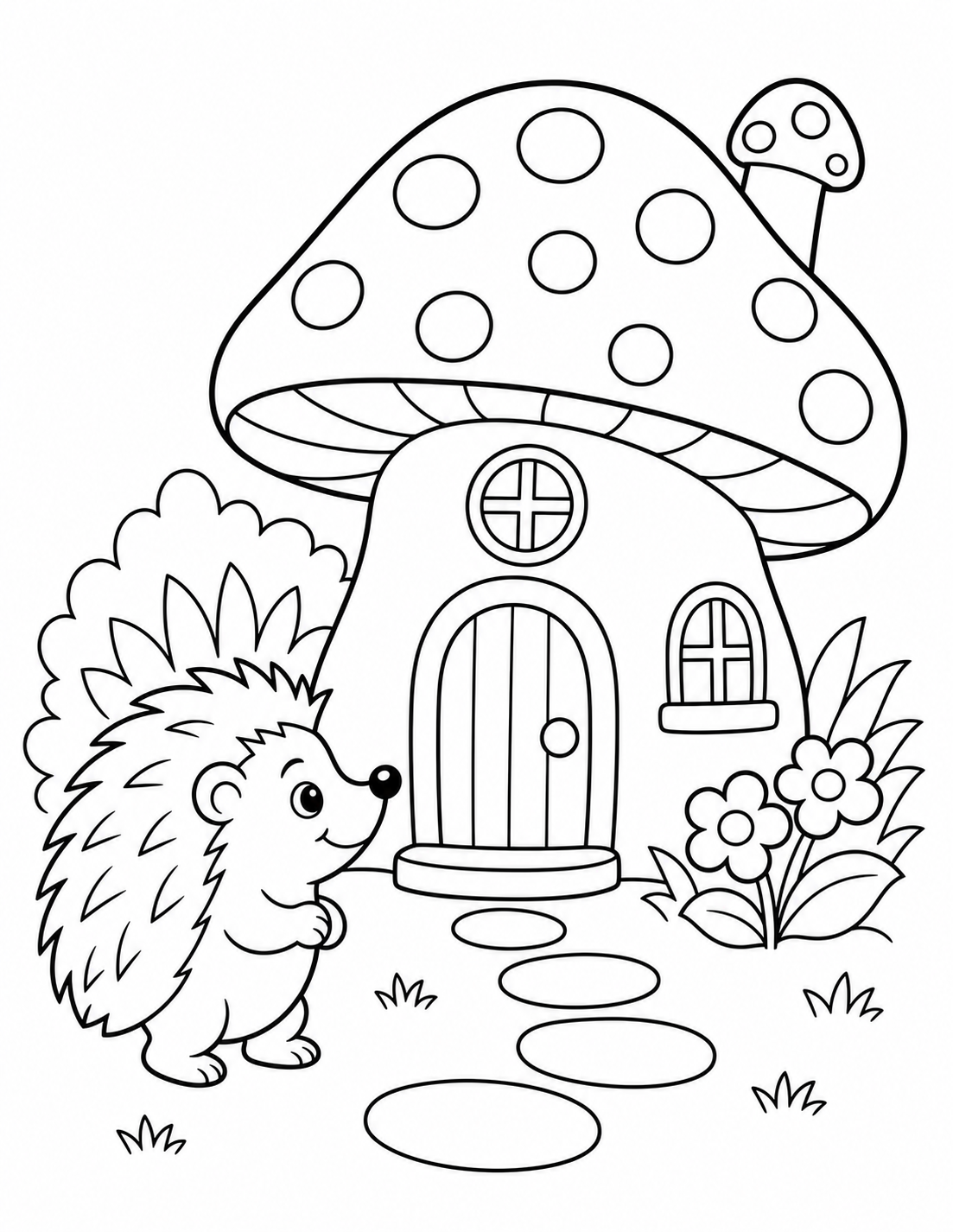 Mushroom House & Hedgehog — Toddler-Friendly Woodland Coloring Page printable coloring page preview