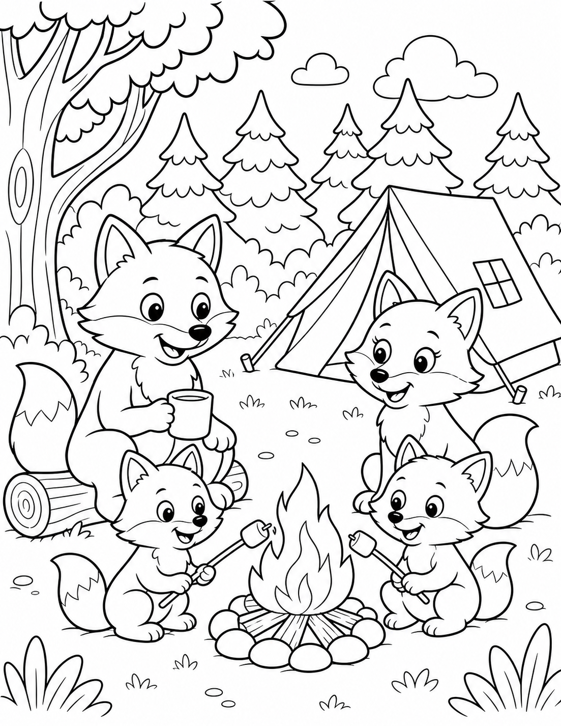 Fox Family Camping — Woodland Coloring Page for Kids printable coloring page preview