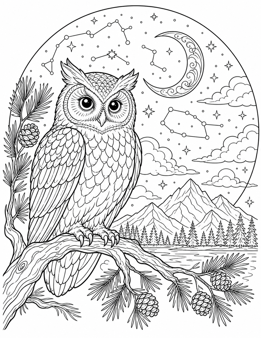 Owl Under the Stars — Detailed Woodland Night Coloring Page printable coloring page preview