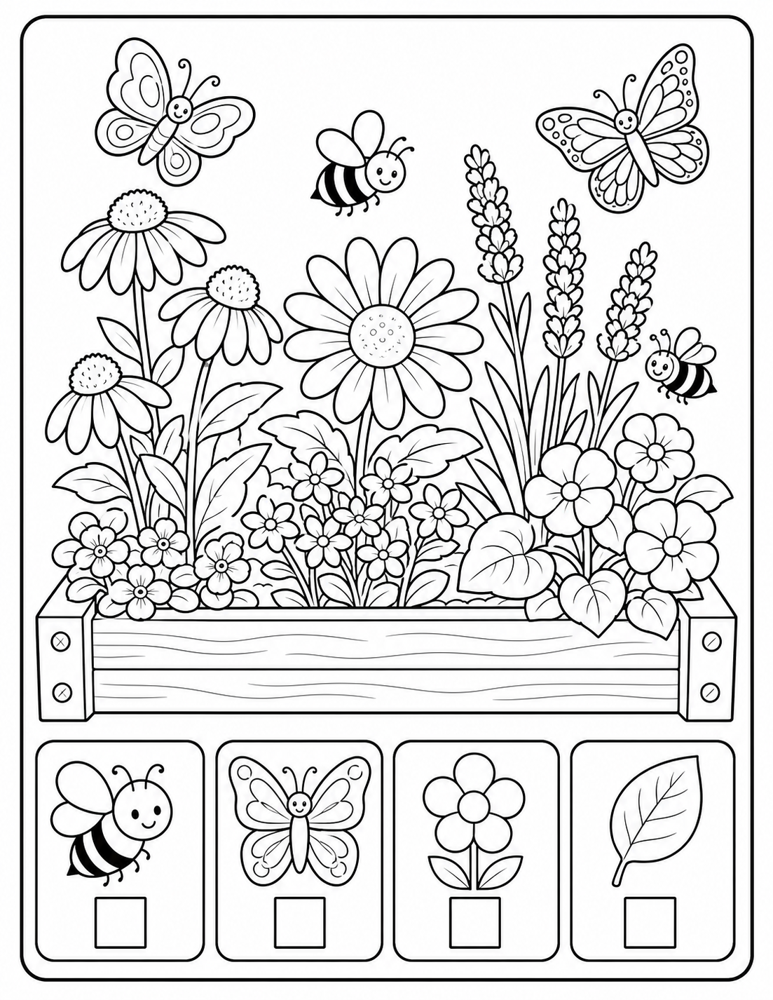Sunny Garden Bed & Pollinators — Educational Coloring Page for Kids printable coloring page preview