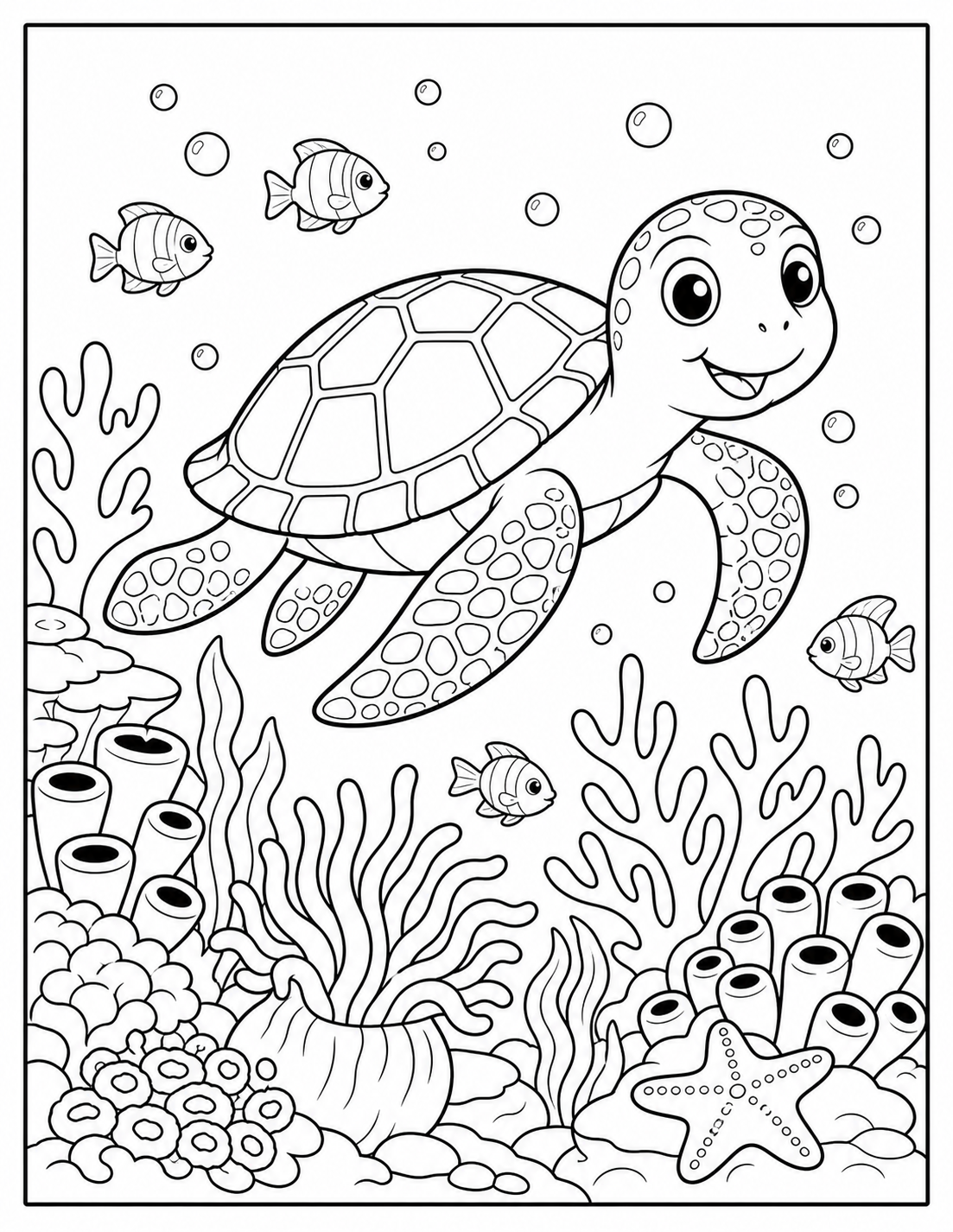 Sea Turtle in a Coral Reef — Ocean Coloring Page for Kids printable coloring page preview