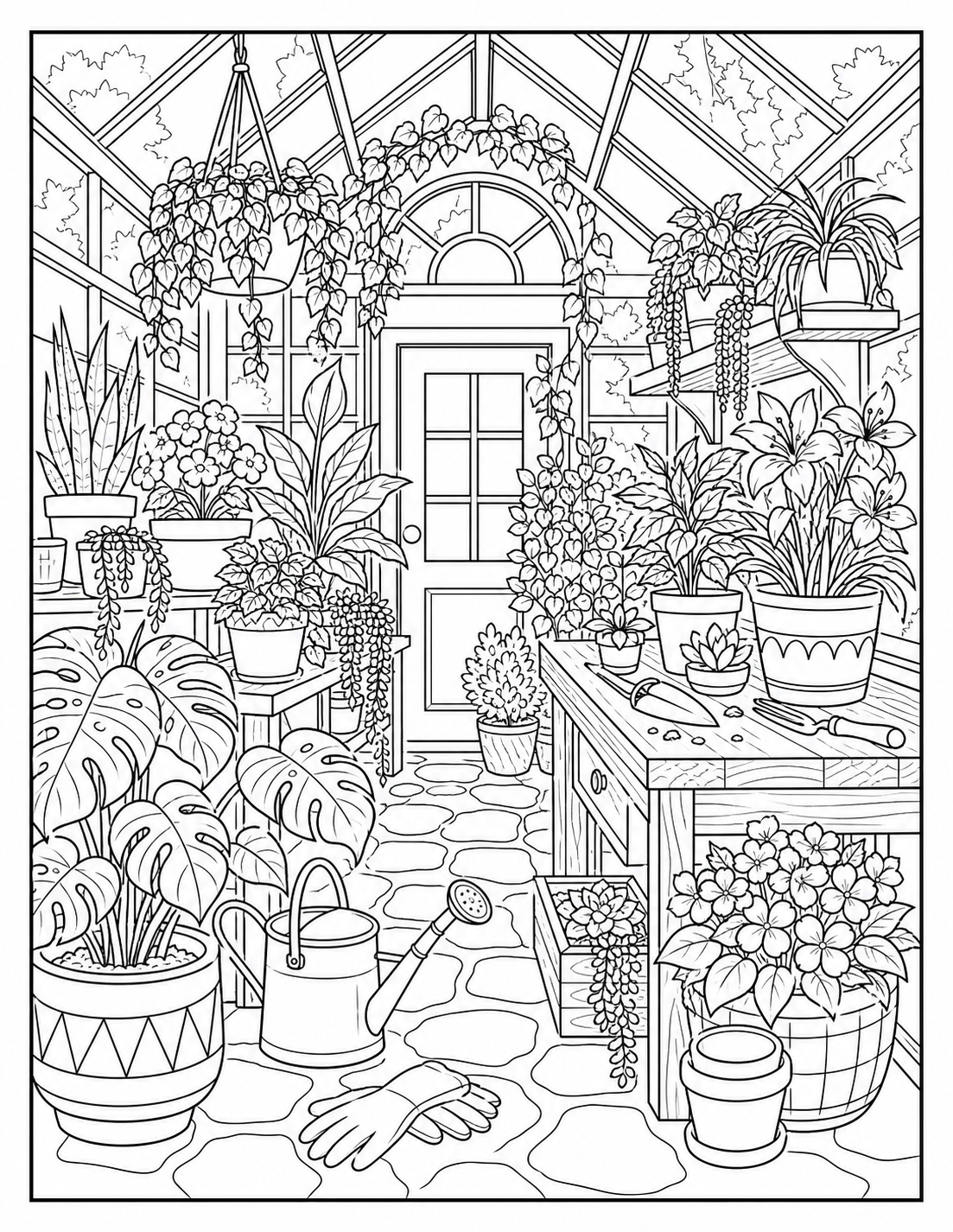 Greenhouse Interior — Detailed Garden Coloring Page for Adults printable coloring page preview