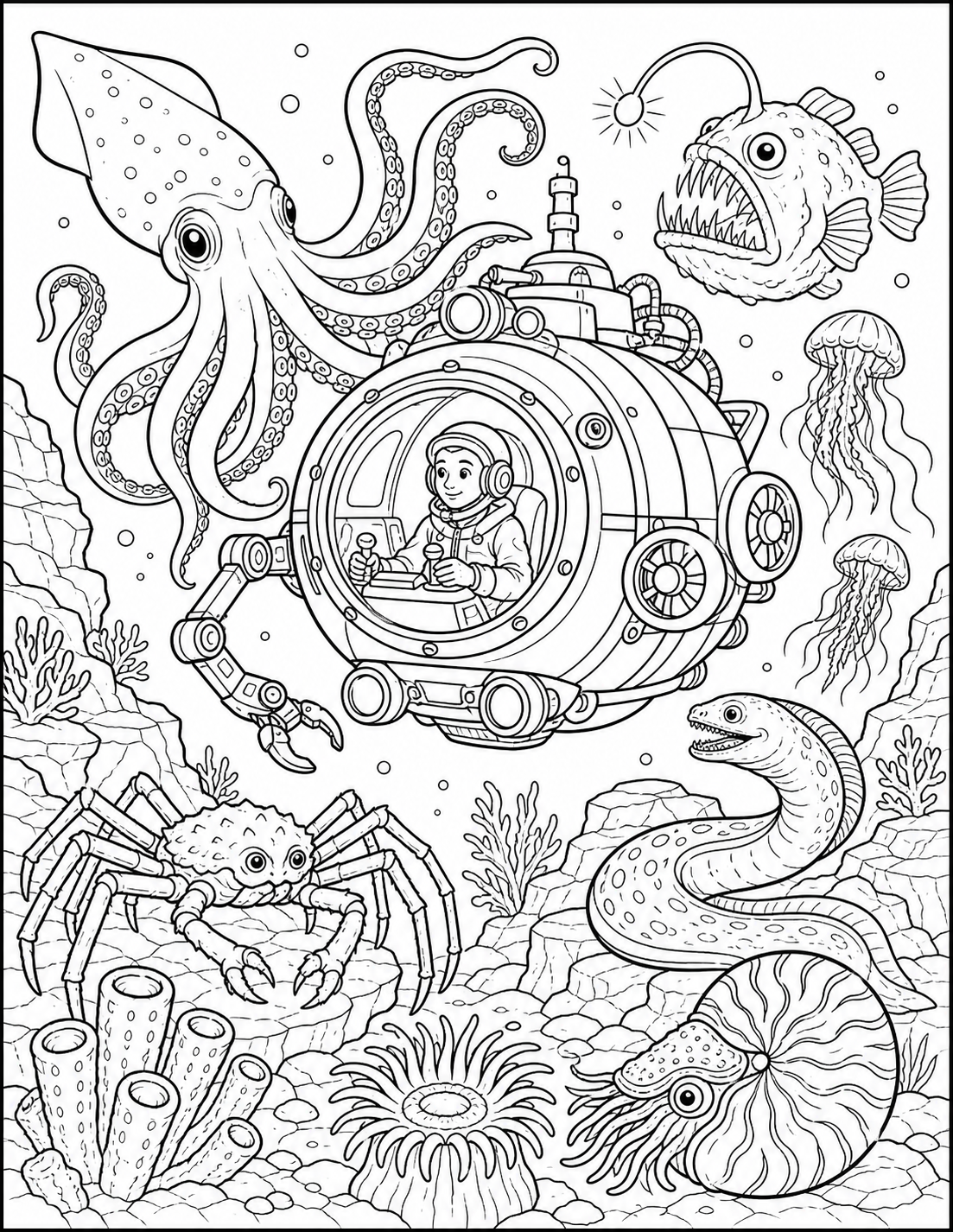 Bioluminescent Deep Sea — Detailed Ocean Coloring Page for Teens printable coloring page preview