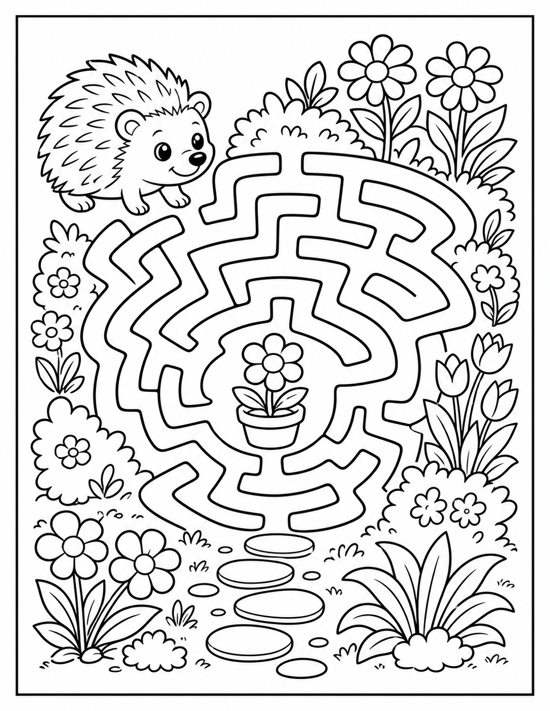 Hedgehog Garden Maze — All-Ages Nature Coloring & Puzzle Page printable coloring page preview